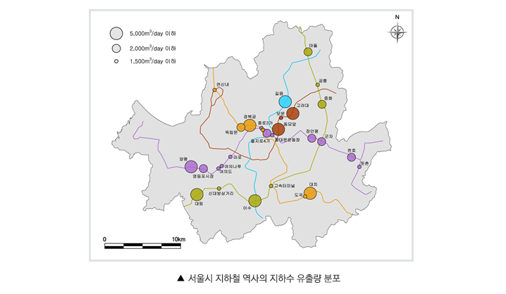 서울시 지하철 역사의 지하수 유출량 분포